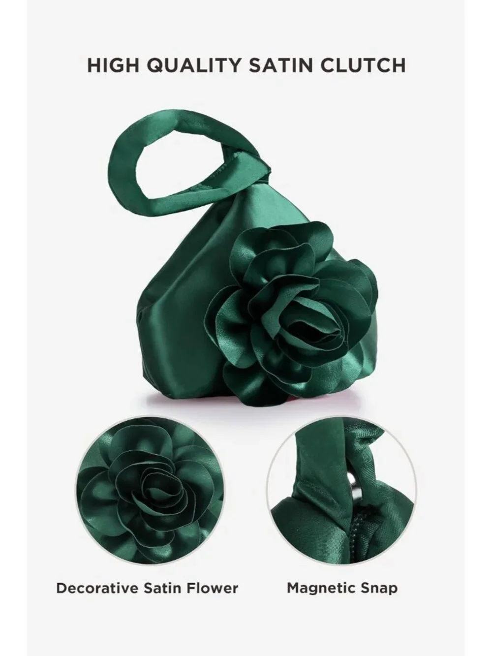〽️ Women’s Dark Green Satin Flower Triangle Clutch Wristlet Purse Evening Bag